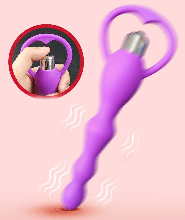 Waterproof Multi-Speed Vibrating Silicone Anal Bead Plug with Heart-Shaped Pull Ring
