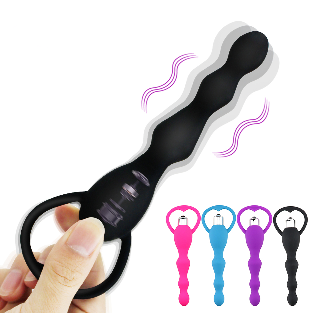 Waterproof Multi-Speed Vibrating Silicone Anal Bead Plug with Heart-Shaped Pull Ring