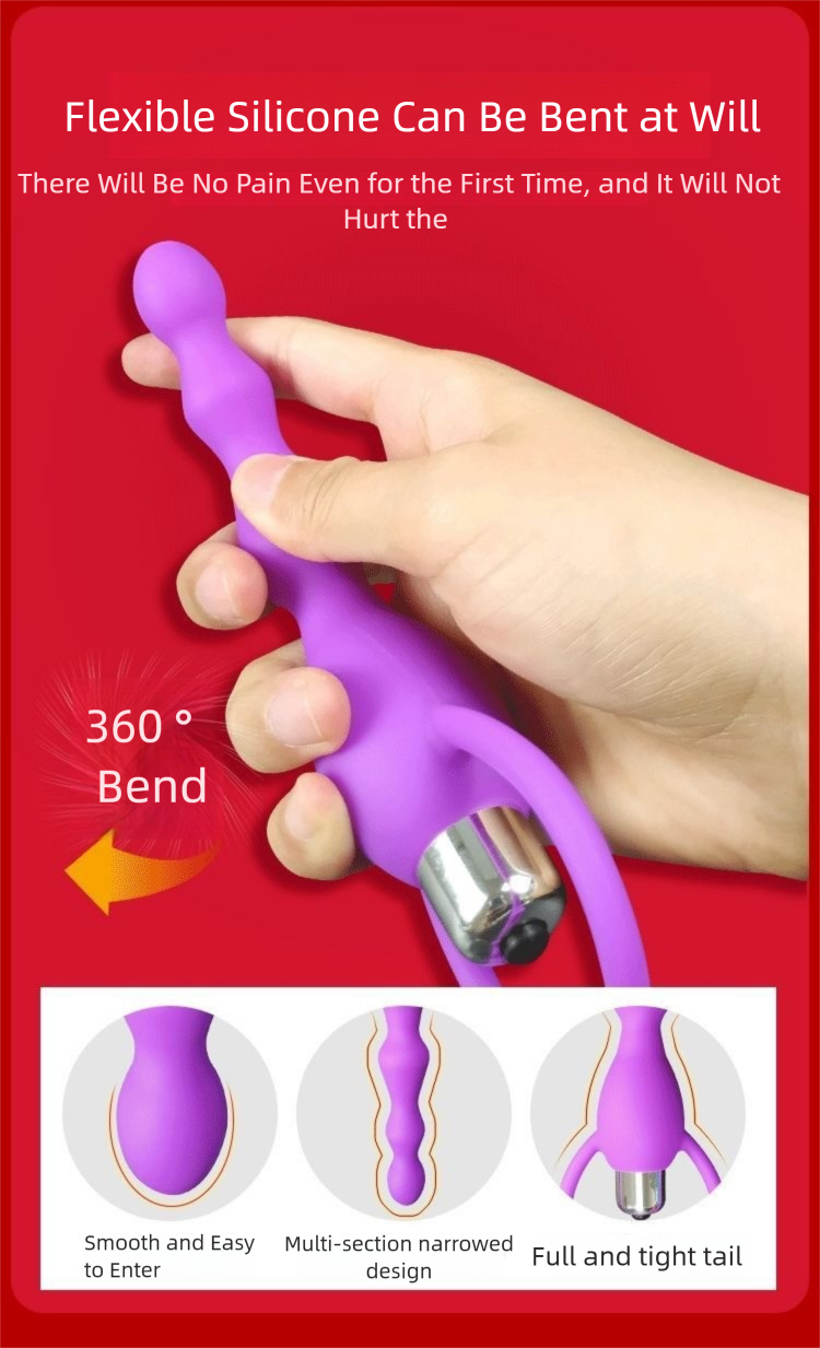 Waterproof Multi-Speed Vibrating Silicone Anal Bead Plug with Heart-Shaped Pull Ring